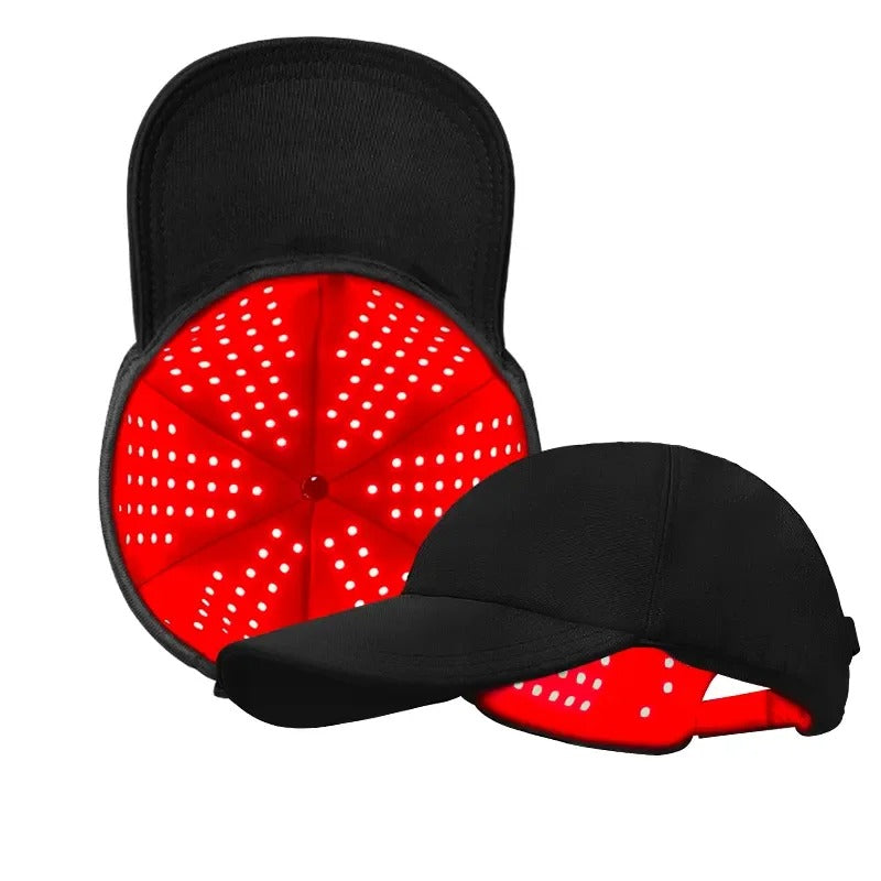 Black cap with red LED light panel on a white background
